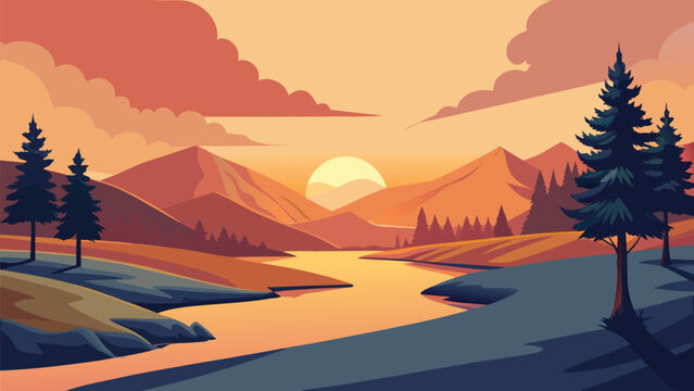 Warm sunset over tranquil river valley with pine trees and distant mountains stylized vector landscape