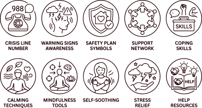 Crisis line number, warning signs, safety plan symbols, support network, coping skills, calming techniques, mindfulness tools, self soothing, stress relief, help resources.