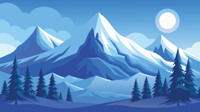 Serene winter mountain landscape with pine trees under a pale moon in cool blue tones vector illustration