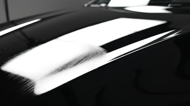 Polishing a black car hood with a microfiber cloth, creating a shiny finish