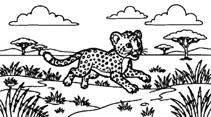 A playful cheetah cub running across the savanna, simple grass and clouds, bold clean outlines, coloring book page, white background.   © Natasa Akter 