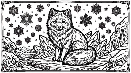 A fluffy arctic fox surrounded by snowflakes and icy rocks, bold line art, printable coloring page, white background.   © Natasa Akter 