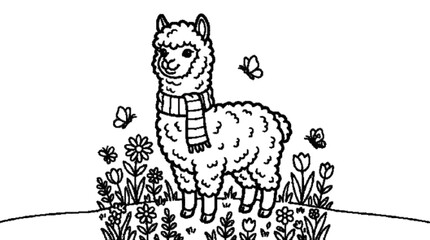 Obraz premium A fluffy alpaca wearing a simple scarf, standing among flowers, thick black outlines, coloring page, white background.