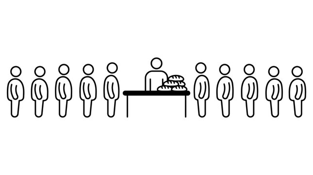 Line of people waiting for bread distribution from a vendor