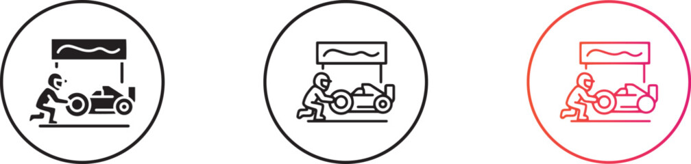Obraz premium Car racing pitstop illustration with a mechanic changing a tire, linear design