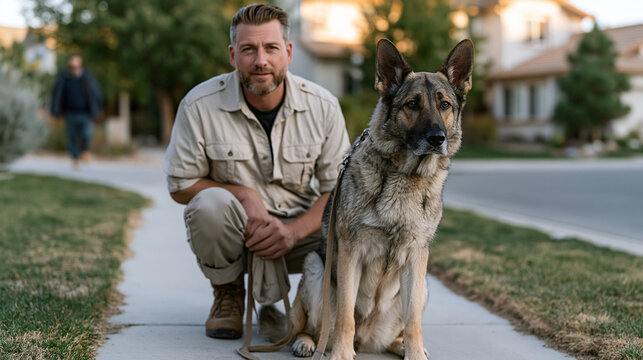Certified dog behavior consultant crouches low on a suburban sidewalk during a reactive dog modification session, holding a high-value treat pouch steady while a leashed shepherd