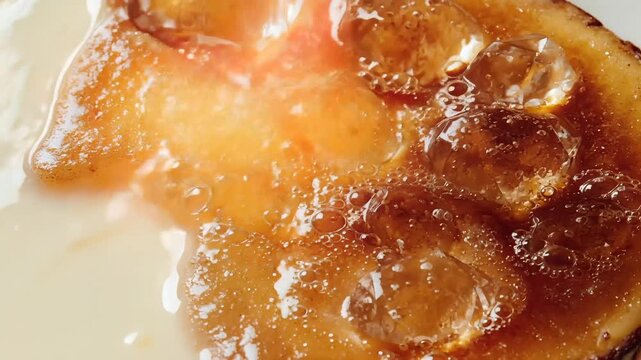 Close-up of Clear Quartz Crystals Melting on Caramelized Sugar Surface During Slow Motion Caramelization Process, Symbolizing Transformation and Culinary Craftsmanship