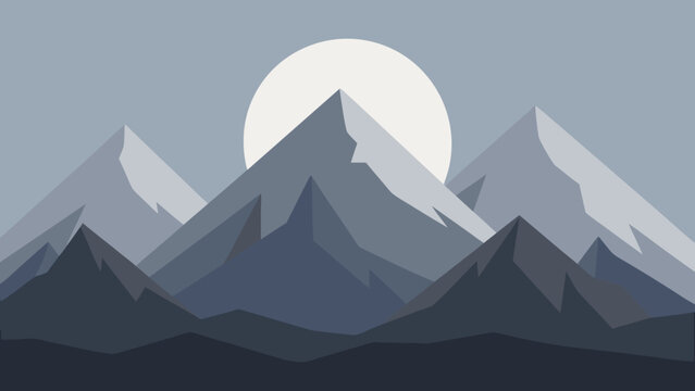 Geometric mountain range with sun during twilight in a minimalist vector illustration style