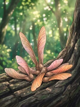 Botanical illustration of maple samara winged seeds resting on a mossy tree bark