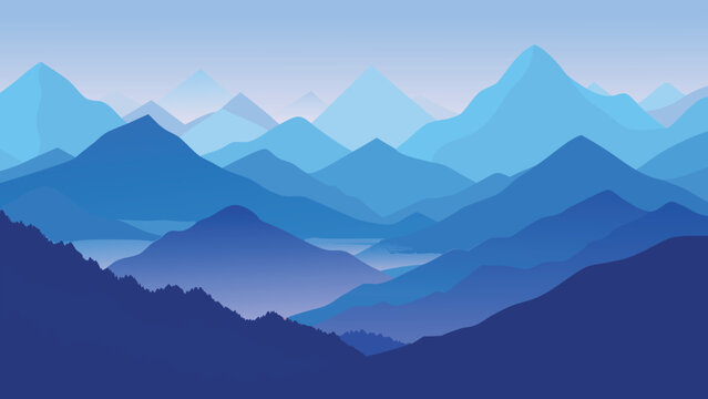 Layered blue mountain range during dawn with atmospheric perspective in vector illustration