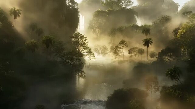 Tropical Rainforest with Misty River and Dense Vegetation in a Serene Jungle Setting Featuring Nature, Landscape, Water with Trees and Fog Elements
