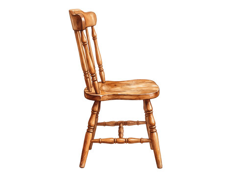 Classic wooden dining chair featuring polished brown grain details and elegant spindled legs crafted in a vintage artistic style with a soft rustic aesthetic shown in profile view on transparent backg