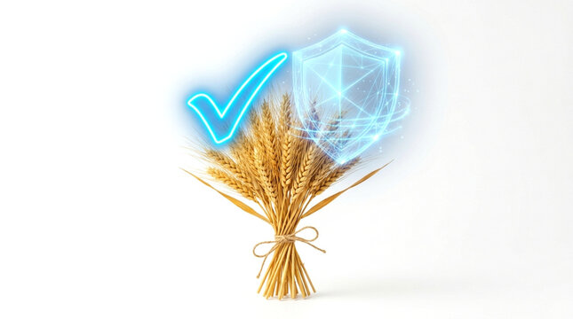 A bundle of golden wheat stalks with a glowing blue checkmark and a digital shield icon isolated on white background