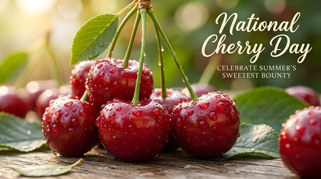 Fresh ripe cherries with water droplets on wooden surface droplets nutrition