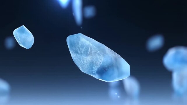 Floating Polished Gemstone Fragments Illuminated in a Blue Environment Featuring Crystal, Shiny, Reflective with Transparent and 3d Elements