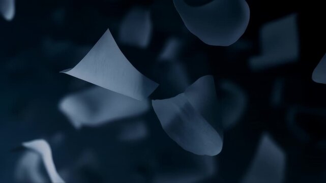 Floating Paper Sheets in Dark Void Forming Slow Motion Concept Illustration Featuring Abstract Shapes, Abstract Design, Clean Composition on Simple