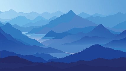 Misty blue mountain range landscape during dawn with tranquil river valley Vector Illustration © CreativeKamrul