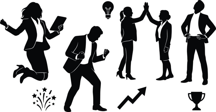 Business Success Silhouette Vector Set with Celebrating Professionals High Five Coworkers Lightbulb Idea Graph Arrow and Trophy Icons