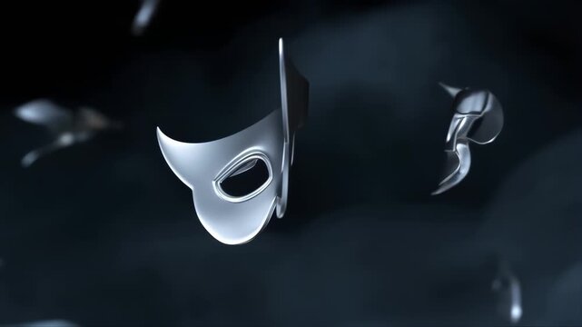 Mask Sculpture Floating in Dark Space with Metallic Silver Finish and Soft Light Reflections, Abstract Surreal Concept for Imagination