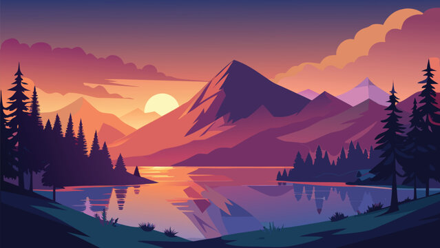 Mountain lake landscape at sunset with vibrant sky and pine trees vector illustration