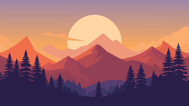 Mountain landscape vector illustration at sunset with evergreen forest and copy space