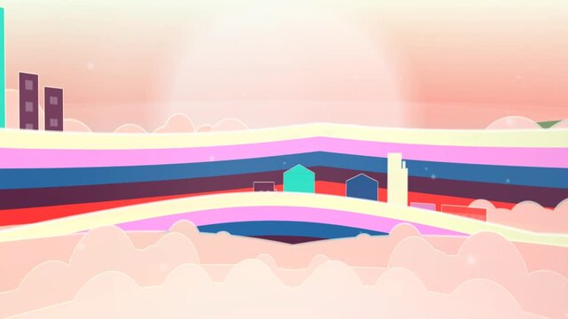 Rainbow electric haze floating skyline dream backdrop scenic stock video background with bottom cloud