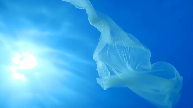 Plastic Bag Captured Underwater with a Bright Sunburst, Creating a Dramatic and Ethereal Environmental Concept.