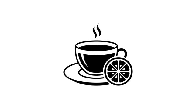 Black coffee cup with lemon slice.
