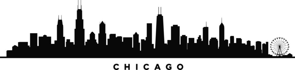 Fototapeta premium Chicago skyline silhouette with Ferris wheel and text Keywords: Chicago, city, skyline, silhouette, urban, architecture