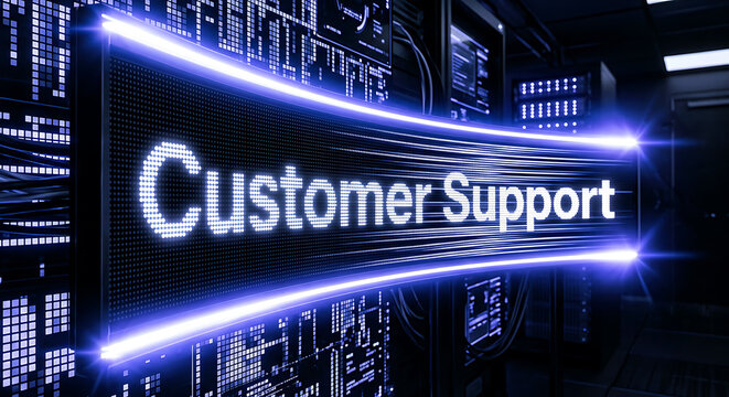 High-tech digital display of customer support text with neon periwinkle lighting and pixel grid pattern highlighting a customer assistance concept.