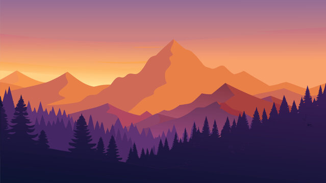 Mountain range landscape during twilight with pine forest silhouettes and gradient sky vector illustration