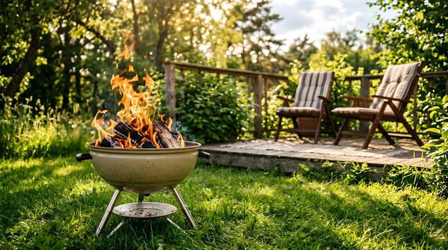 Outdoor portable bbq grill in a backyard setting with wooden chairs on a deck