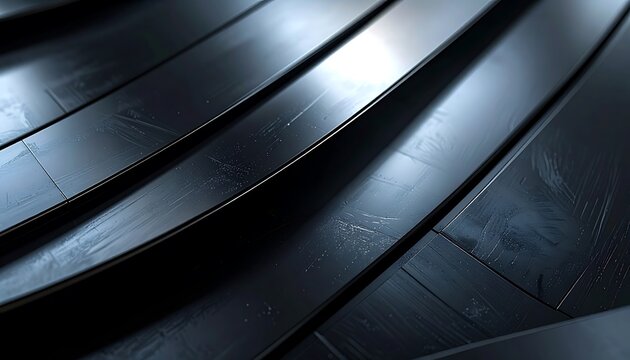 Dark curved metal stairway interior detail.