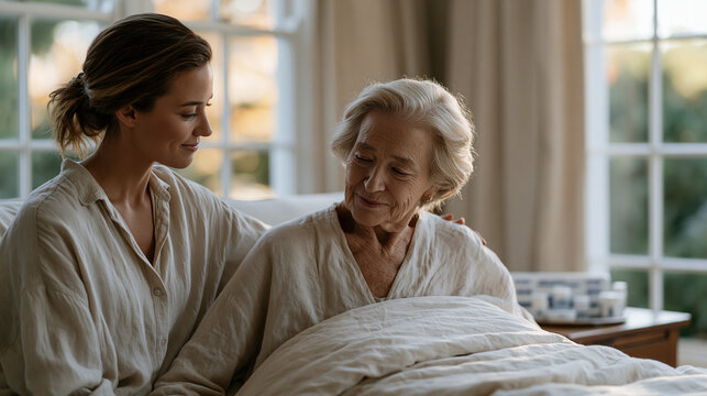 Alzheimers caregiver single professional home health aide supporting elderly patient with morning routine, indoor domestic setting with autumn window light, September awareness
