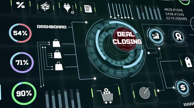 Business revenue monitoring system evaluating deal closing statistics alongside modern technological economic graphics loop