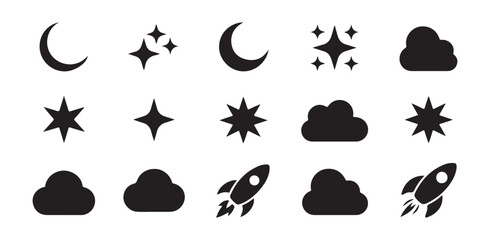 Obraz premium Space and Night Sky Icon Set with Moon Stars Clouds and Rockets