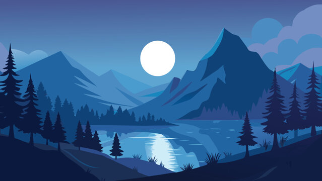 Serene mountain lake under full moon during twilight with pine trees and reflective water vector illustration