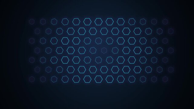 Abstract minimalist dark blue background with glowing neon hexagon grid pattern
