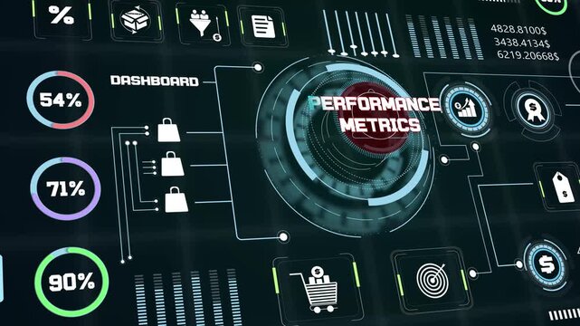 Performance metrics evaluation display tracking corporate efficiency parameters with interactive charts and growth graphs