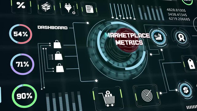 Digital platform analytics graphics displaying marketplace metrics and animated vendor management percentage information
