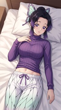 Young anime girl with butterfly hair accessory lying on soft white bed portrait illustration butterfly aesthetic lifestyle character sleeping peaceful creative interior beautiful