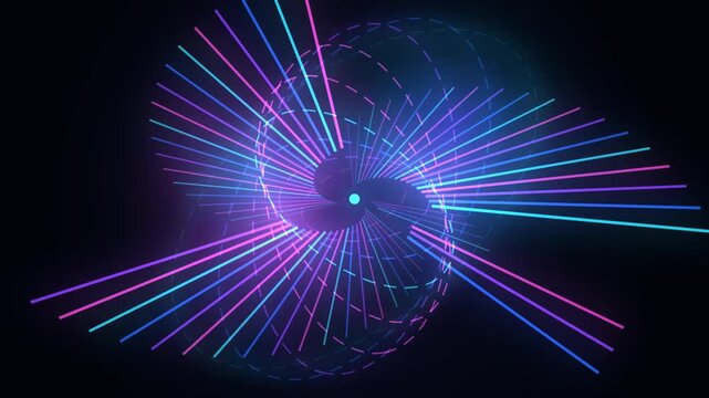 Abstract futuristic neon laser rays background with glowing purple and blue vortex tunnel