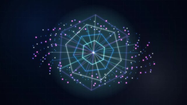 Abstract sci-fi cyber network connection concept with neon colorful geometric structure