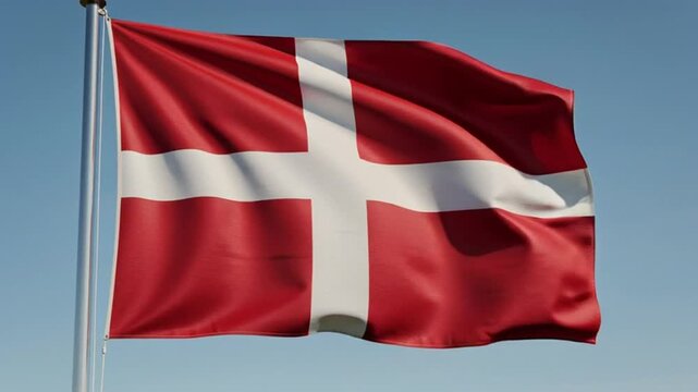 Danish Flag Waving Proudly Against a Clear Blue Sky.