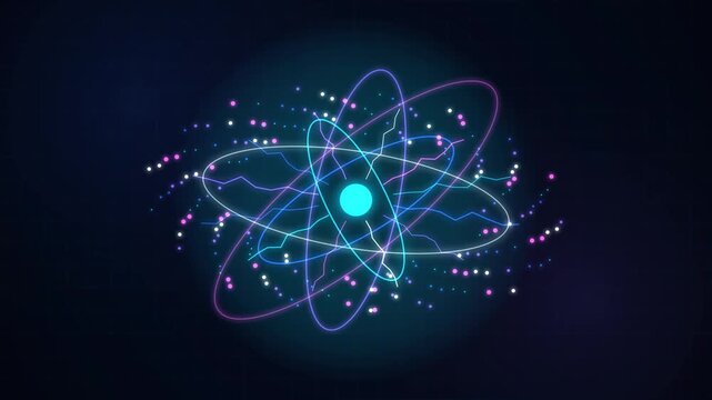 Abstract sci-fi nuclear energy core background with sparkling particles and neon orbits