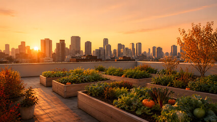 Fototapeta premium Autumn rooftop garden at sunset with harvest atmosphere and warm light