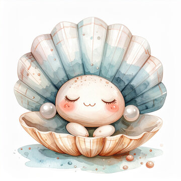 Cute watercolor pearl shell creature illustration sleeping baby character inside open seashell shimmering iridescent pearls soft pastel colors artistic hand-painted design white background