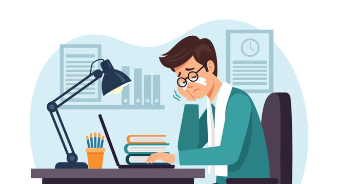 Stressed Office Worker Overwhelmed In The Workplace Struggling With His Tasks Right Now