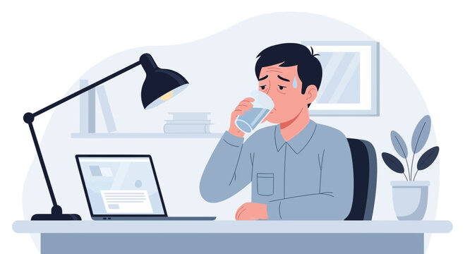 Stressed Man Drinking Water at Desk: Overwork and Fatigue in Workspace Illustration