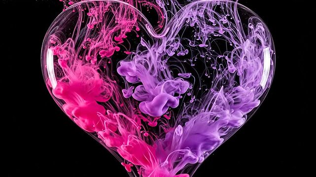 Abstract pink and purple ink swirls forming a heart shape on black background